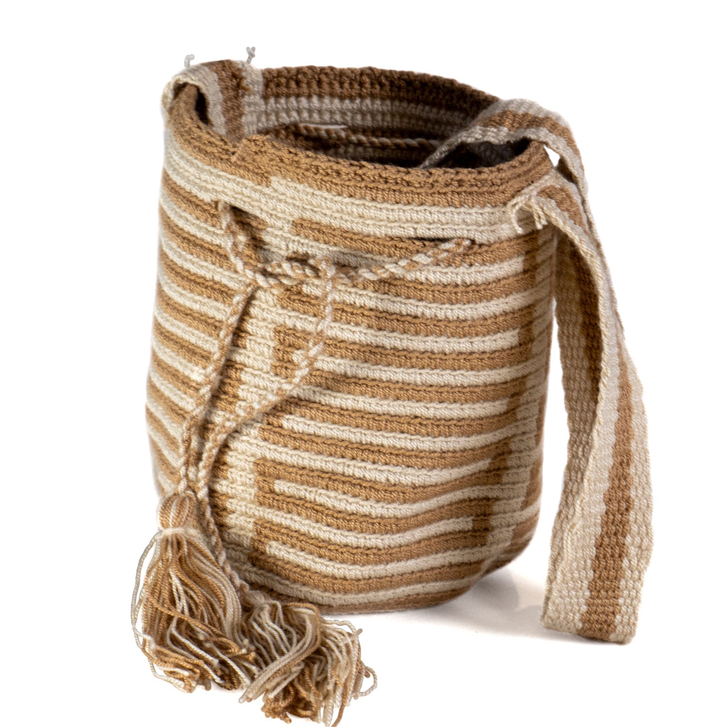 Woven bag with striped pattern on a white background